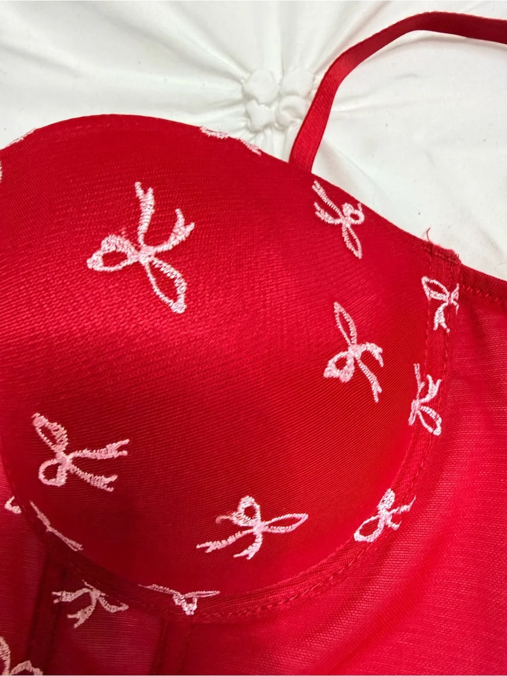 Jessica Simpson Red Longline Strapless Bra with White Bow Embroidery Accents